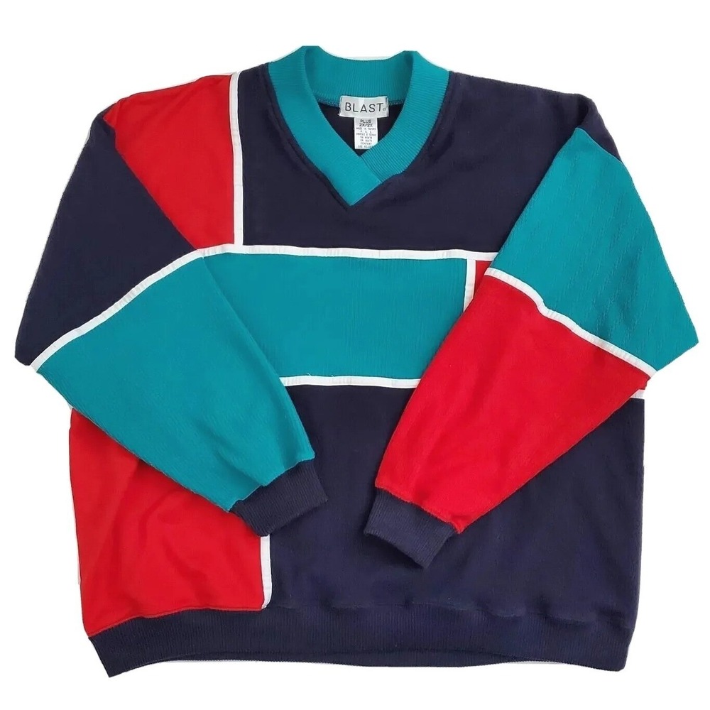 Blast Women's 2X Multicolor V-Neck Sweatshirt Colorblock Geometric Vintage 90s